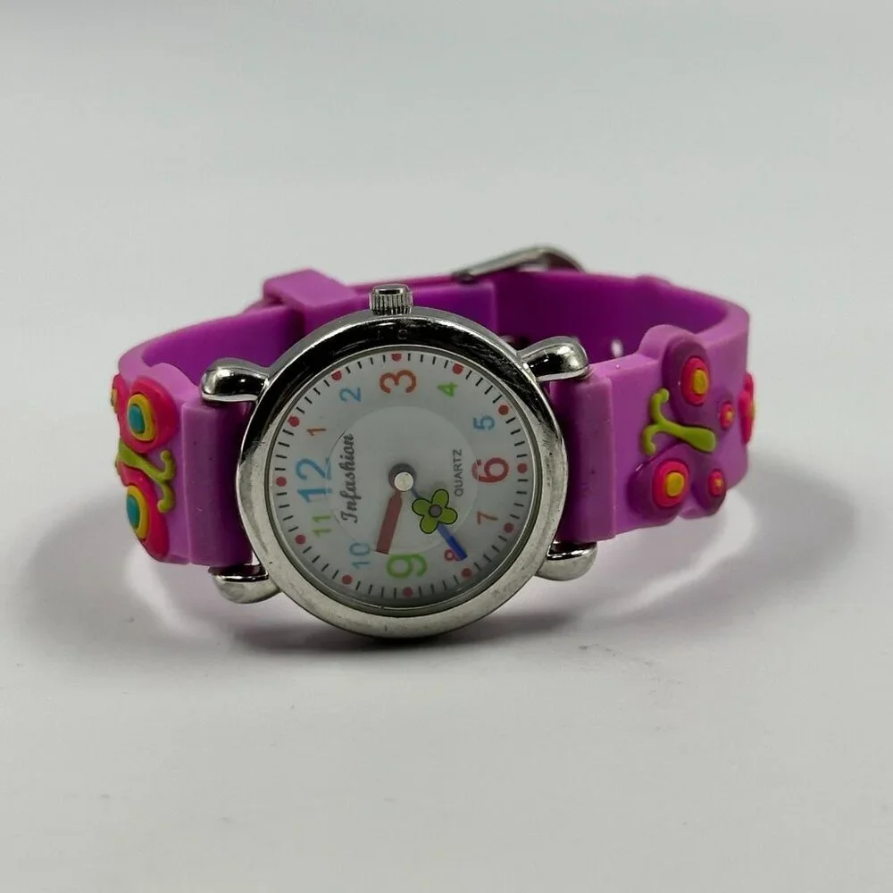 3/$30 Butterfly Watch Girls Silver Tone White Dial Purple Silicone Watch